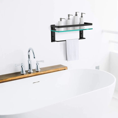 Tempered Glass Wall Shelf with Towel Bar for Bathroom, 15.2 by 4.5 Inches, wall mounted above bathtub holding toiletries