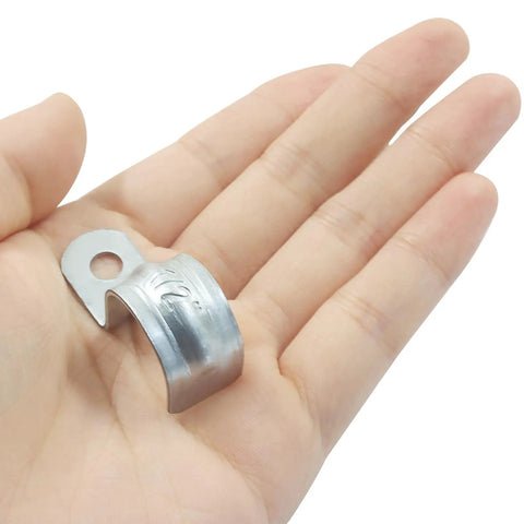 Heavy Duty Reusable 1/2 Inch EMT Conduit Clamps Zinc Plated Steel Rigid Pipe Straps held in hand for indoor outdoor use.