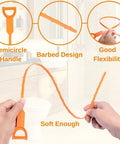 Demonstrating 6 Pack Hair Drain Clog Remover Tools Kit with flexible plastic stick shown in hand detailing handle and barbed design.