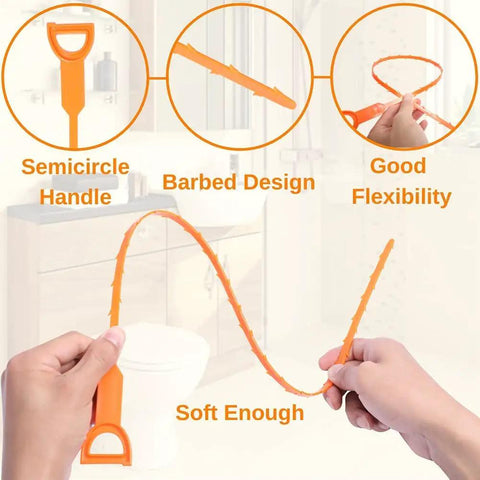 Demonstrating 6 Pack Hair Drain Clog Remover Tools Kit with flexible plastic stick shown in hand detailing handle and barbed design.