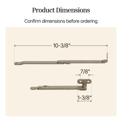 Dimensions of Heavy Duty Antique Brass Plated Lid Stay Set for Drop Front Desks, Trunks, and Chests, shown with measurements