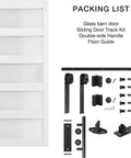 Packing list showing 36 Inch By 84 Inch Sliding Glass Barn Door with 6.6 Foot Hardware Kit Included, DIY Assembly Ready, White, Frosted Glass