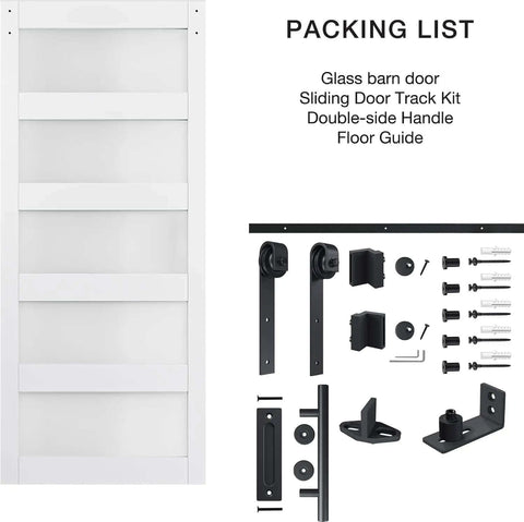 Packing list showing 36 Inch By 84 Inch Sliding Glass Barn Door with 6.6 Foot Hardware Kit Included, DIY Assembly Ready, White, Frosted Glass