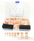 Premium Open Barrel Copper Wire Crimp Ring Lugs Terminal Connectors With Heat Shrink Tube Assortment Kit For 10A Up To 100A Heavy Duty Electrical Wiring Jobs You Gotta Have In Your Garage, open case with copper lugs and shrink tubing