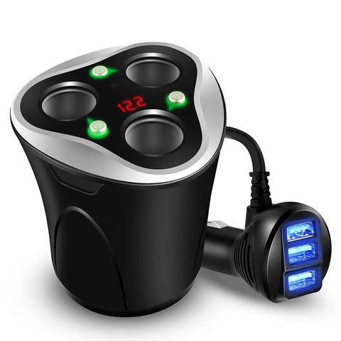 Straight Plug And Play 3 Way Cigarette Lighter Splitter With Triple Usb Car Charger 120W showing three USB ports and volt meter display.