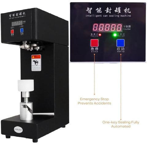 Top Notch Electric Can Sealer Machine With Smart LCD Display And Adjustable Height For Perfectly Sealing Beverages Like Juice, Bubble Tea, And Beer Using Durable Stainless Steel Build In Sleek White And Black Finish, showing the control panel and sealing mechanism.