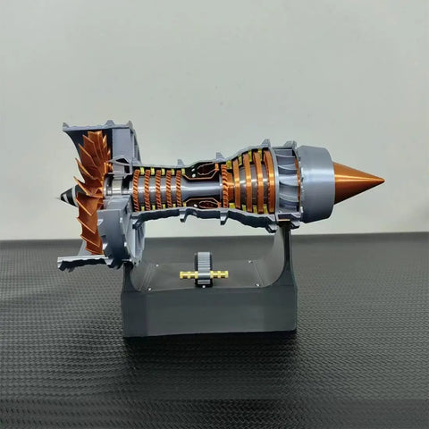 Side view of Simulated Turbofan Aircraft Engine Model Kit With LED Light, Rechargeable Version, brass color display