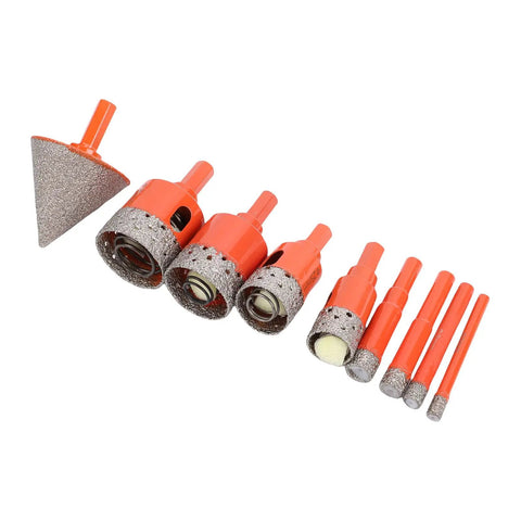 Solid 8 Piece Hole Saw Kit With Porous Vacuum Brazed Design For Tile Ceramic Glass Granite Marble Drilling Sizes 6 To 35mm Plus 2 Inch Chamfer Bit Tool set on white background