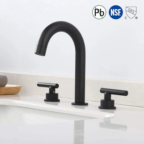 Matte Black 8 Inch Widespread Bathroom Faucet With 3 Holes And Two Handles, Solid Brass Construction, Includes Supply Hoses