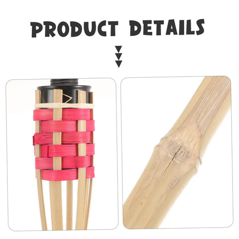 Close-up of 2 Pack Faux Bamboo Tiki Torches Outdoor Decor For Backyard Handmade Bamboo Torch Lights with red accents