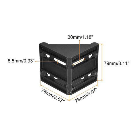 Front view of Beefy Inside Corner Bracket Gusset for 8080 Aluminum Extrusion, 78mm by 78mm by 79mm, black die-cast with measurements.