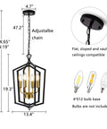 Four Light Dining Room Pendant Light Fixture Over Table Dope Black Farmhouse Chandelier Metal Modern Style for Kitchen Island Living Room Foyer and Entryway Brushed Brass Finish with dimensions and bulb base details
