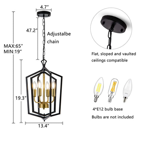 Four Light Dining Room Pendant Light Fixture Over Table Dope Black Farmhouse Chandelier Metal Modern Style for Kitchen Island Living Room Foyer and Entryway Brushed Brass Finish with dimensions and bulb base details