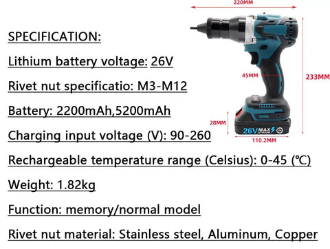 Heavy Duty Cordless Rechargeable Electric Rivet Nut Gun With Dual High Output Batteries For M3 Through M12 Fasteners, specifications display.