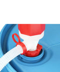 Heavy Duty Manual Drum Siphon Pump Works Like A Charm With Forty Eight Inch Flexible Hose handles chemicals, attached to a blue barrel.