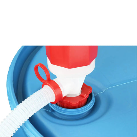 Heavy Duty Manual Drum Siphon Pump Works Like A Charm With Forty Eight Inch Flexible Hose handles chemicals, attached to a blue barrel.
