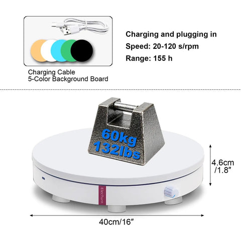 360 Electric Turntable Rotating Display Stand With Knob Control USB Power Base For Jewelry Shoes And Glitter Cups Shooting White 16 inch with weight and background accessories