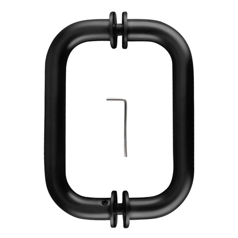 Six Inch Oil Rubbed Bronze Tubular Back To Back Pull Handle With Metal Washers BM Series Center To Center Spacing Three Quarter Inch Diameter Glass Hole Cover And Decorative Washers For Cabinets And Doors, shown with L-shaped tool