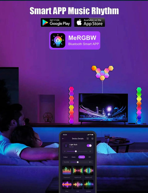 Hexagon LED Light Panels 8 Pack With App Control And Remote RGB wall lights in room with smart app display on screen.