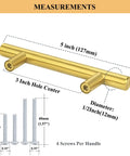 Image showing measurements of 30 Pack Gold Cabinet Handles With 3 Inch Hole Centers Brushed Brass Finish Stainless Steel Dresser Drawer Pulls.