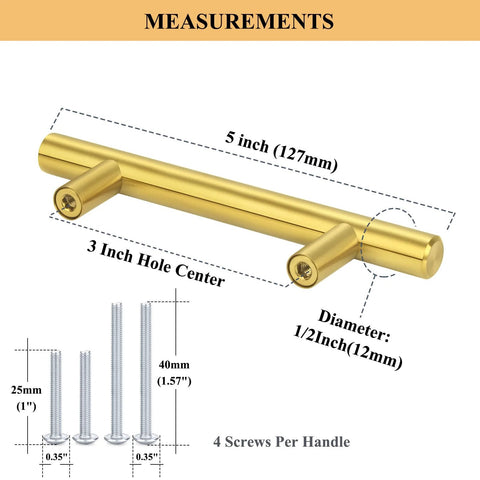 Image showing measurements of 30 Pack Gold Cabinet Handles With 3 Inch Hole Centers Brushed Brass Finish Stainless Steel Dresser Drawer Pulls.