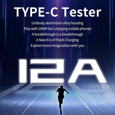 Dramatic image for USB C Power Meter Tester With LCD Display Digital Multimeter For PD 3.1 Protocol Testing Type C Voltage And Current Meter Fast Charging Up To 240W 40V 12A Handy USB C Voltage Tester For Your Charging Gear highlighting 12A charging with silhouetted runner.