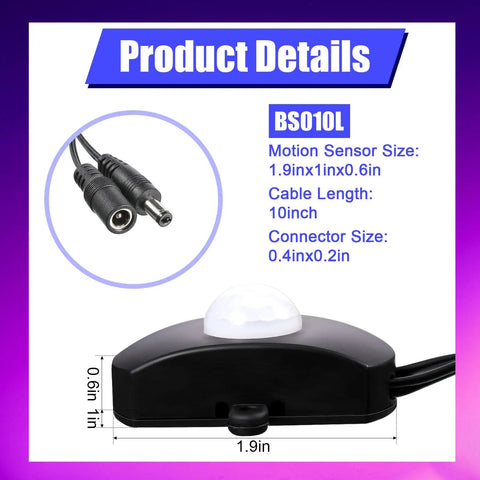 Three Pack DC 5V 24V 5A PIR Motion Activated Sensor Light Switch With DC Coupler Cable For Party LED Strip Lights Auto On Off Occupancy Sensor Easy Install No Wiring Hassle Ideal For Under Cabinet Closet Hallway Bar Lighting, black sensor 1.9in