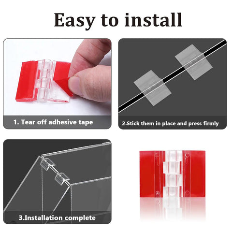 Installation process of Sixteen Pack Clear Acrylic Self Adhesive Hinges 35X25 Millimeter for easy application.