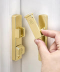 Heavy Duty Gold 90 Degree Barn Door Lock With Flip Gate Latch And Dual Secure Mounting Built Badass For Quick Install and Rock Solid Daily Grind Protection All Around - close-up of locking mechanism