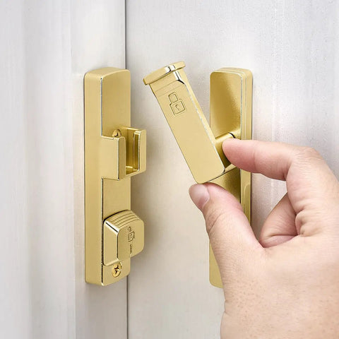 Heavy Duty Gold 90 Degree Barn Door Lock With Flip Gate Latch And Dual Secure Mounting Built Badass For Quick Install and Rock Solid Daily Grind Protection All Around - close-up of locking mechanism