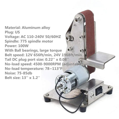 Electric Mini Belt Sander Heavy Benchtop Grinder And Polisher Sporting 9000Rpm Adjustable Speed showing aluminum body and motor details.
