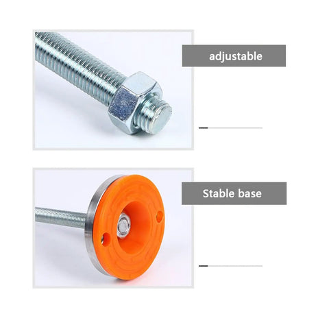 Close-up of Heavy Duty Carbon Steel Adjustable Leveling Feet for Heavy Machinery and Straightener Racks with orange rubber base and threaded adjustment.