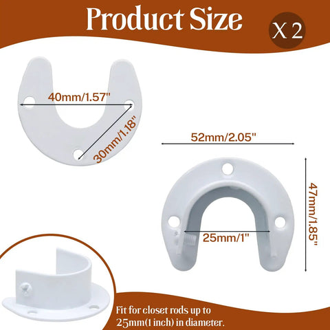 Two Pack 1 Inch Stainless Steel Closet Rod End Supports With Screws And Mounting Anchors For Quick Secure Closet Pole Mounting Durable White Brackets For Easy Rod Install And Long Lasting Support, 25mm white bracket size