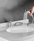 Salon Shampoo Bowl Faucet Kit With Hose And Shower Spray Head For Backwash Units, Chrome Finish, being used on a white sink