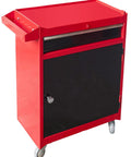 Red and black lockable cold-rolled steel Rolling Garage Workshop Tool Organizer With Detachable Four-Drawer Chest on wheels.
