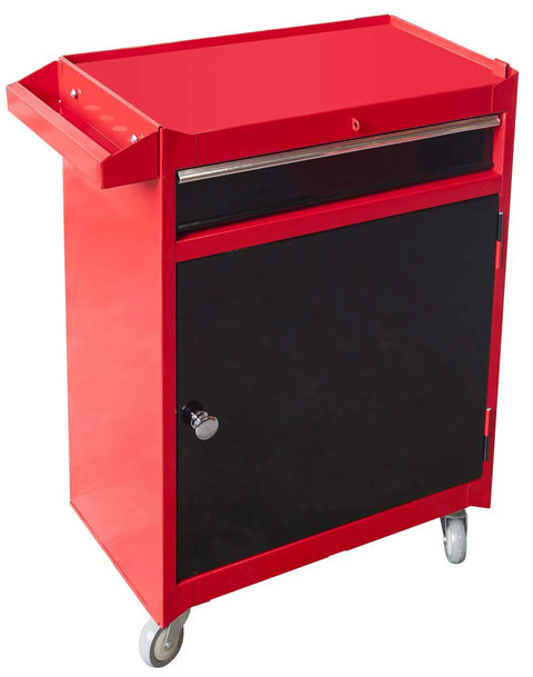 Red and black lockable cold-rolled steel Rolling Garage Workshop Tool Organizer With Detachable Four-Drawer Chest on wheels.