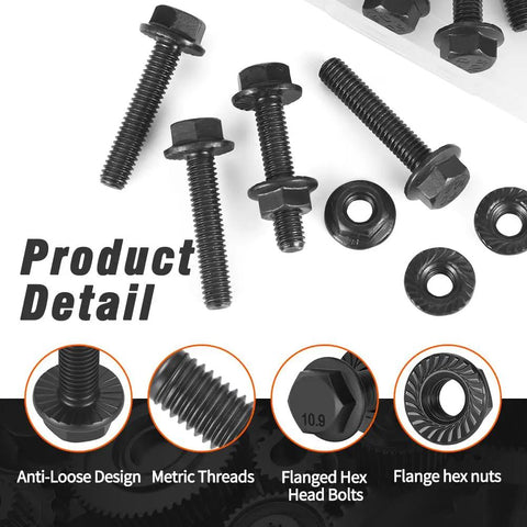 M12x50mm Flange Hex Bolts And Serrated Flange Nuts 4 Pack Grade 10.9 Metric Hardware on white background.