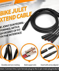Electric Bike Cable 1 To 5 8 Pin Waterproof Ebike Connector Wire For Electric Bike Conversion Kit 150cm Length Includes 9Pin Male Controller Connector 5Pin Female Display Connector And 3Pin Female Throttle displayed on promotional banner with highlights of durability and copper wire detail.