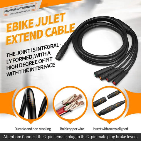 Electric Bike Cable 1 To 5 8 Pin Waterproof Ebike Connector Wire For Electric Bike Conversion Kit 150cm Length Includes 9Pin Male Controller Connector 5Pin Female Display Connector And 3Pin Female Throttle displayed on promotional banner with highlights of durability and copper wire detail.