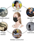 Black 3 Ply Disposable Face Masks Pack Of 100 For Men And Women Non Woven Breathable Everyday Use Indoor Outdoor Travel Office And Shopping Perfect For Work Travel And Everyday Errands, worn by model