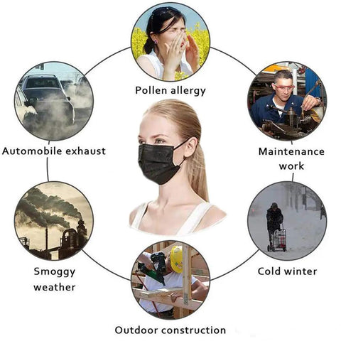 Black 3 Ply Disposable Face Masks Pack Of 100 For Men And Women Non Woven Breathable Everyday Use Indoor Outdoor Travel Office And Shopping Perfect For Work Travel And Everyday Errands, worn by model