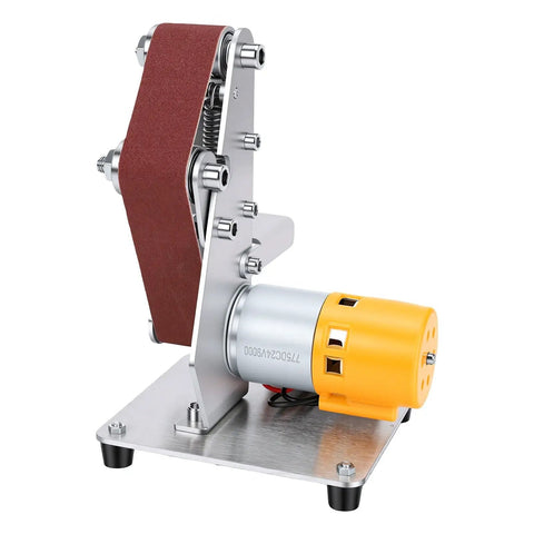 Oreilet 3 In 1 Mini Belt Sander With 7 Speed Adjustable Settings And 20 Sanding Belts For Knife Sharpening Woodworking And Jewelry Polishing Compact Bench Grinder Tool side view with sanding belt and motor