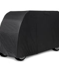 Water-Resistant Oxford Fabric Golf Cart Cover With 3 Zippered Doors, shown on a golf cart, fitted and covering wheels.