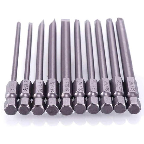 10Pcs 1/4 Inch Hex Shank Long Magnetic Screwdriver Bits Set displaying S2 alloy steel bits in a row on white background