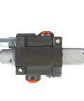 Side view of ALL-CARB 1-spool hydraulic directional valve with black body, red caps, BSPP ports.