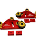 Pro Grade Portable Aluminum Table Saw Roller Feeder Dolly featuring smooth ball bearings, red and gold color, with feeding direction guide.