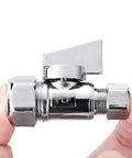 Chrome brass compression angle stop valve; 1/2 in nominal, 5/8 in OD x 3/8 in OD, quarter-turn shut-off