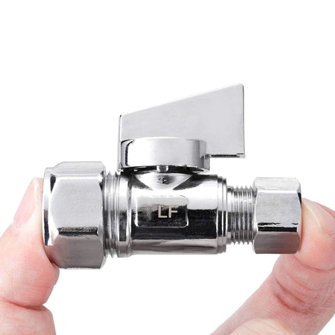 Chrome brass compression angle stop valve; 1/2 in nominal, 5/8 in OD x 3/8 in OD, quarter-turn shut-off