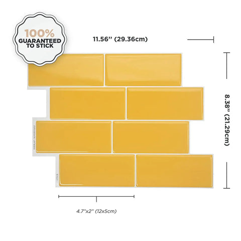DIY Friendly Peel and Stick Backsplash Tiles, Four Sheet Pack, 11.56 in by 8.38 in Each, single yellow tile sheet dimensions shown.