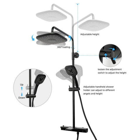 Thermostatic Shower System With Tub Spout And 9 Inch Rain Shower Head Plus 3 Setting Handheld Sprayer Wall Mounted Slide Bar Mixer In Black Finish For Modern Bathroom showing adjustable features